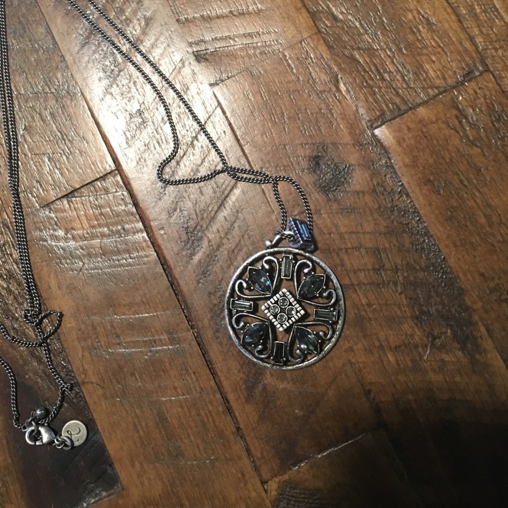 Extra long black gemstone medallion necklace